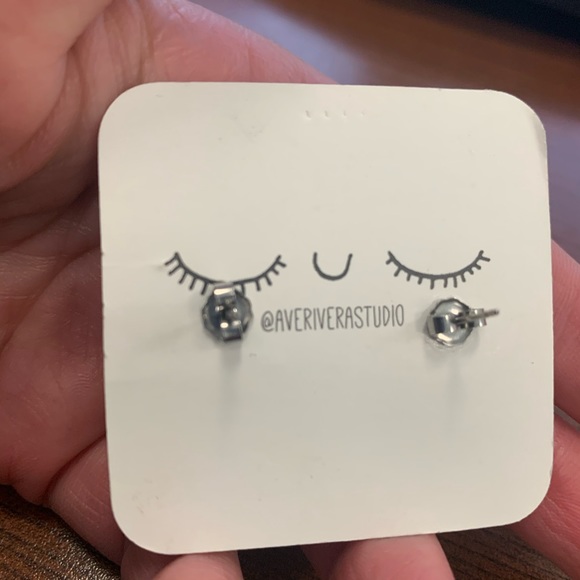 Handmade purple and gold Gummy bear stud pierced earrings by Ave Rivera - Picture 3 of 4